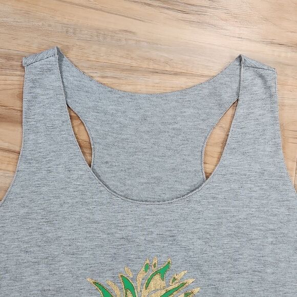 🔹️🔺️Gray Racerback w/Metallic Gold Print Pineapple Tanktop Medium - Picture 4 of 10